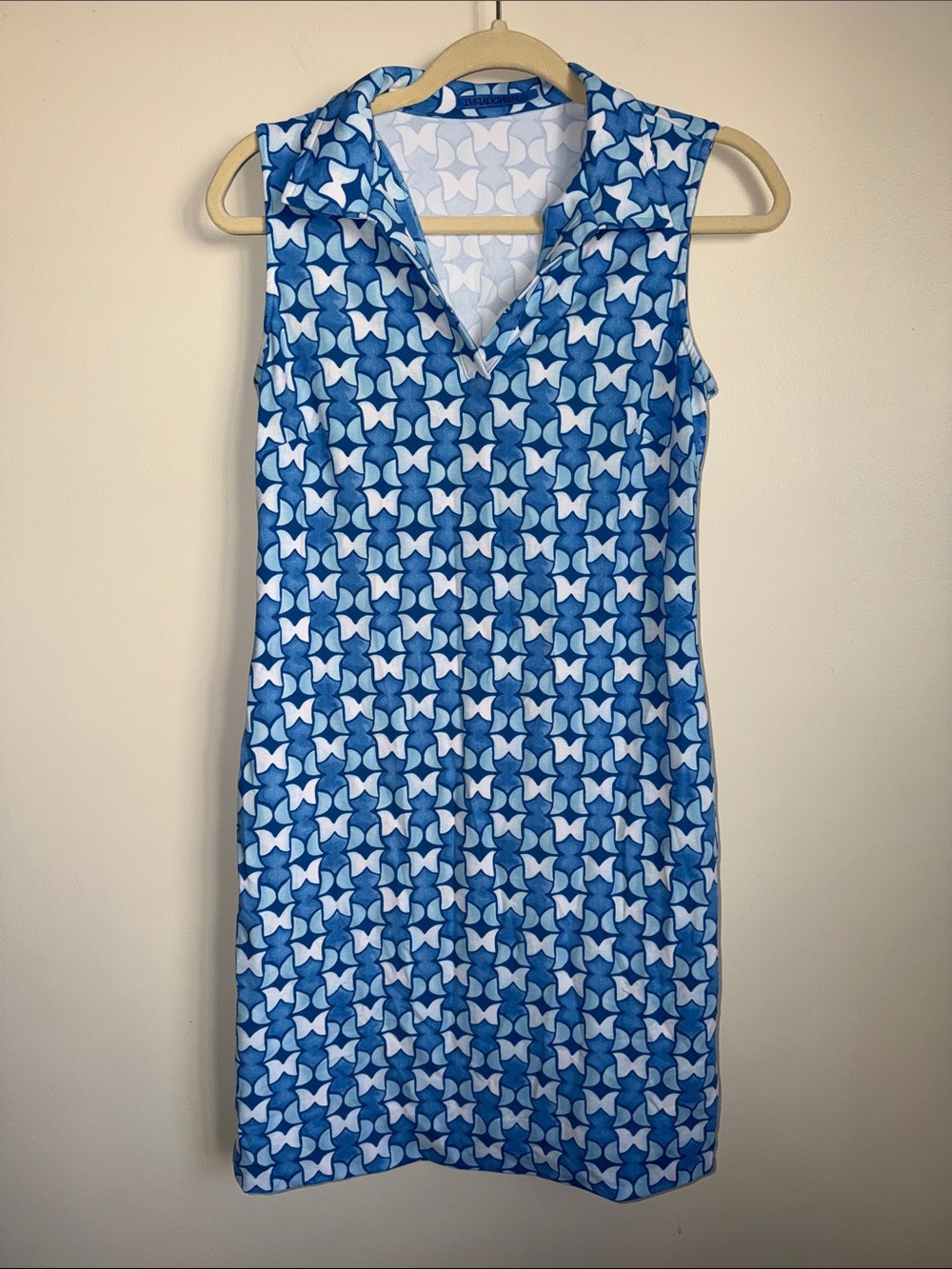J. McLaughlin Blue and White Geometric Collared Mini Dress